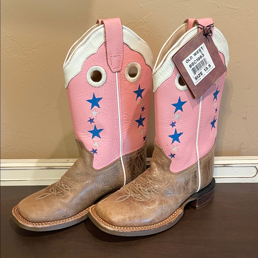 Old West Kids' Pink and Tan Star Cowboy Boots
